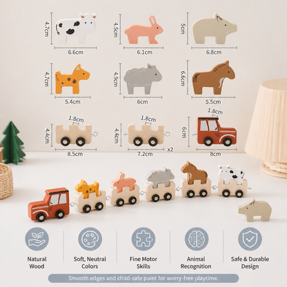 Wooden Farm Animal Train – Toy with Flexible Wheels for Children