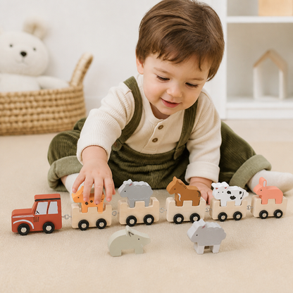 Wooden Farm Animal Train – Toy with Flexible Wheels for Children