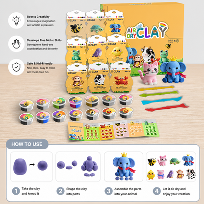 12-Piece Air Dry Clay Animal Craft Kit for Kids