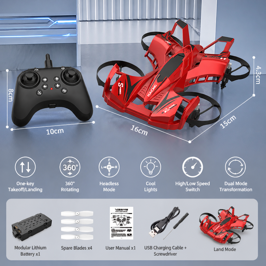 2-in-1 Remote Control Flying Drone & Stunt Racing Car