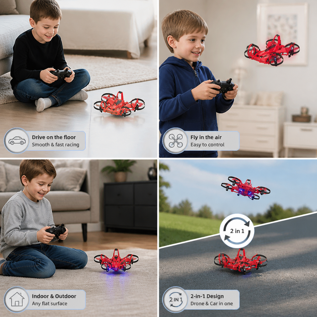 2-in-1 Remote Control Flying Drone & Stunt Racing Car