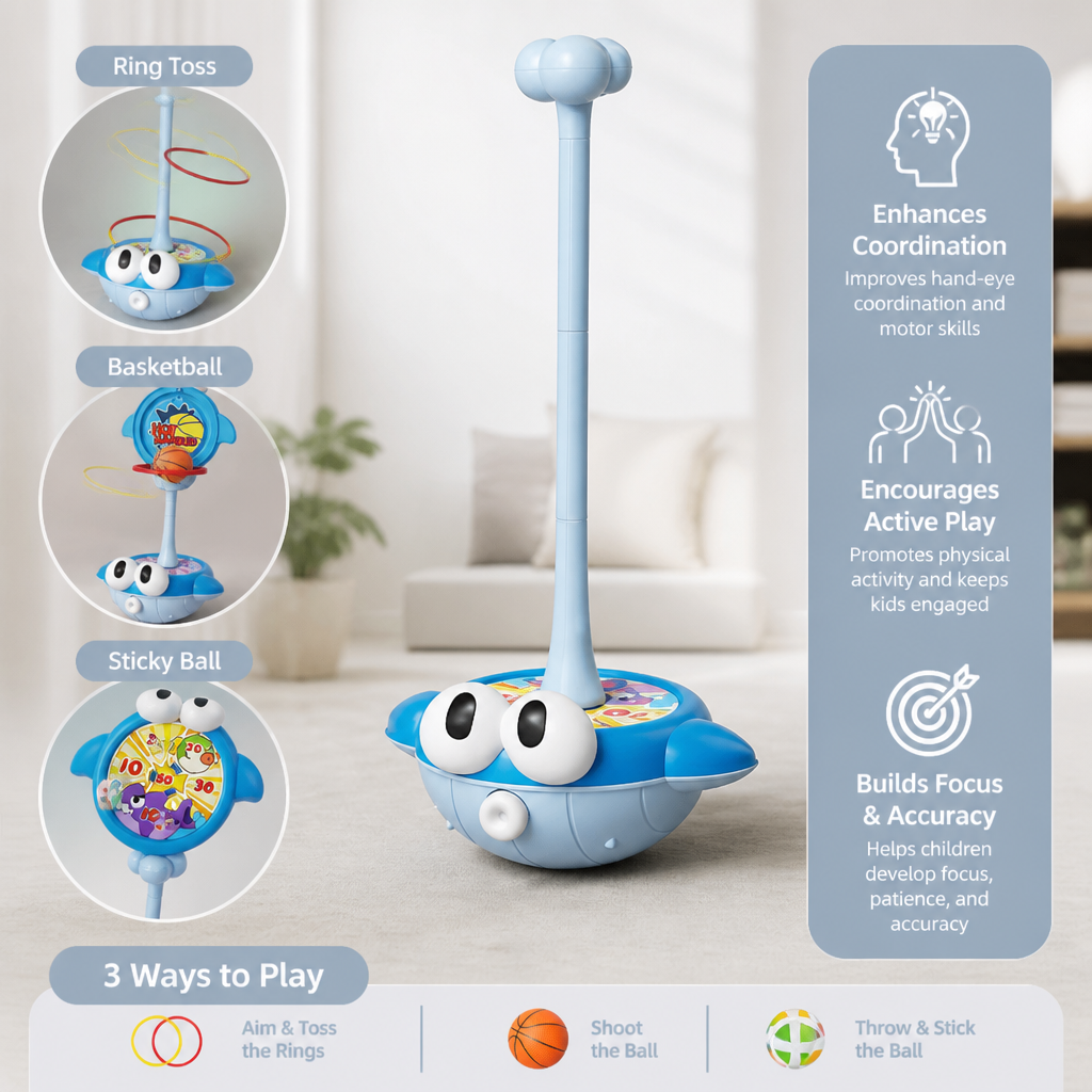 3-in-1 Educational Activity Game – Ring Toss, Basketball & Sticky Ball