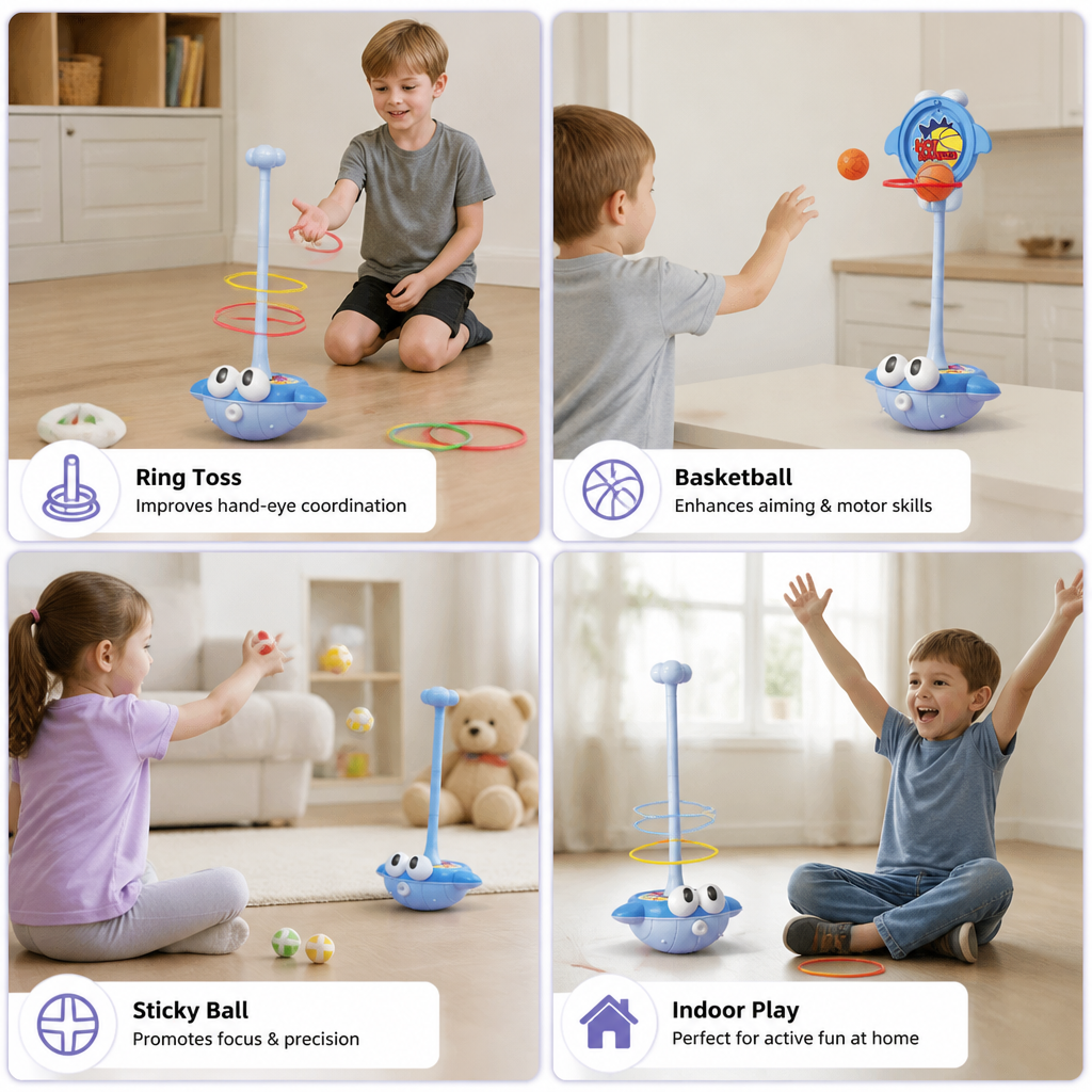 3-in-1 Educational Activity Game – Ring Toss, Basketball & Sticky Ball