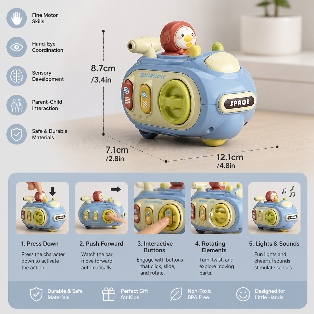 5-in-1 Press & Go Busy Car Toy for Fine Motor Skills Development