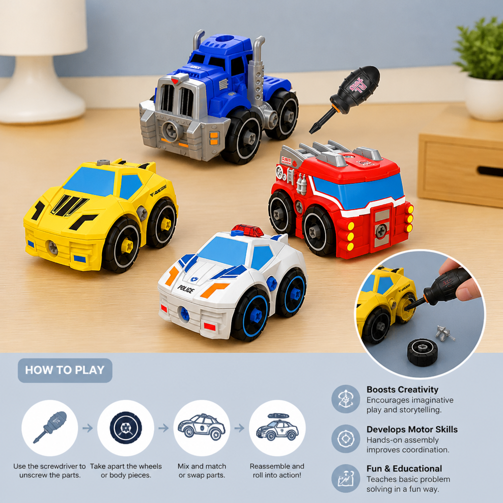 4-Piece DIY Take-Apart City Vehicle Set with Toy Drill