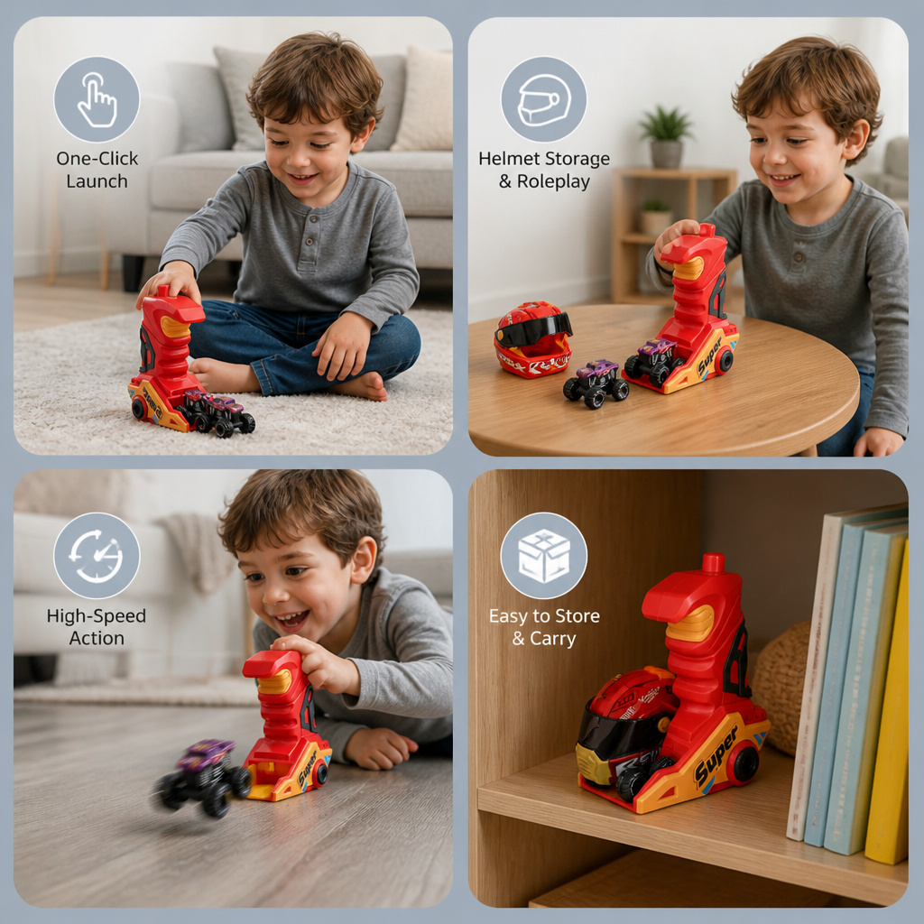 One-Click Monster Truck Launcher with Helmet & Handle Design