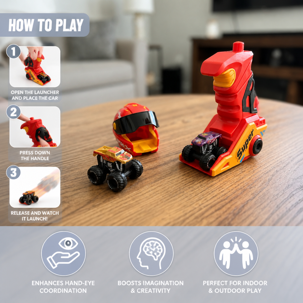 One-Click Monster Truck Launcher with Helmet & Handle Design