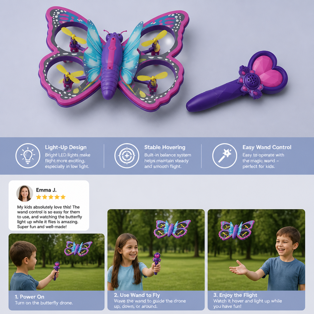 Magic Light-Up Butterfly Quadcopter Toy with Wand Control