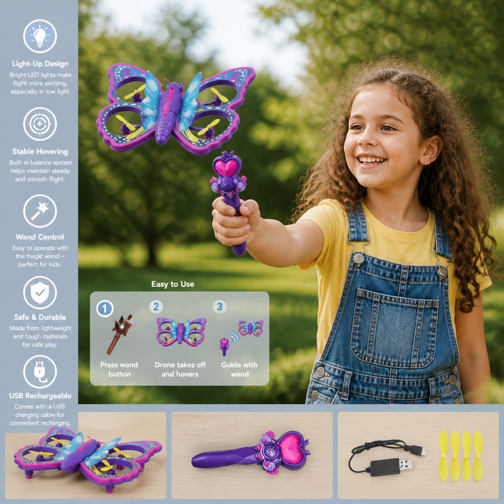 Magic Light-Up Butterfly Quadcopter Toy with Wand Control