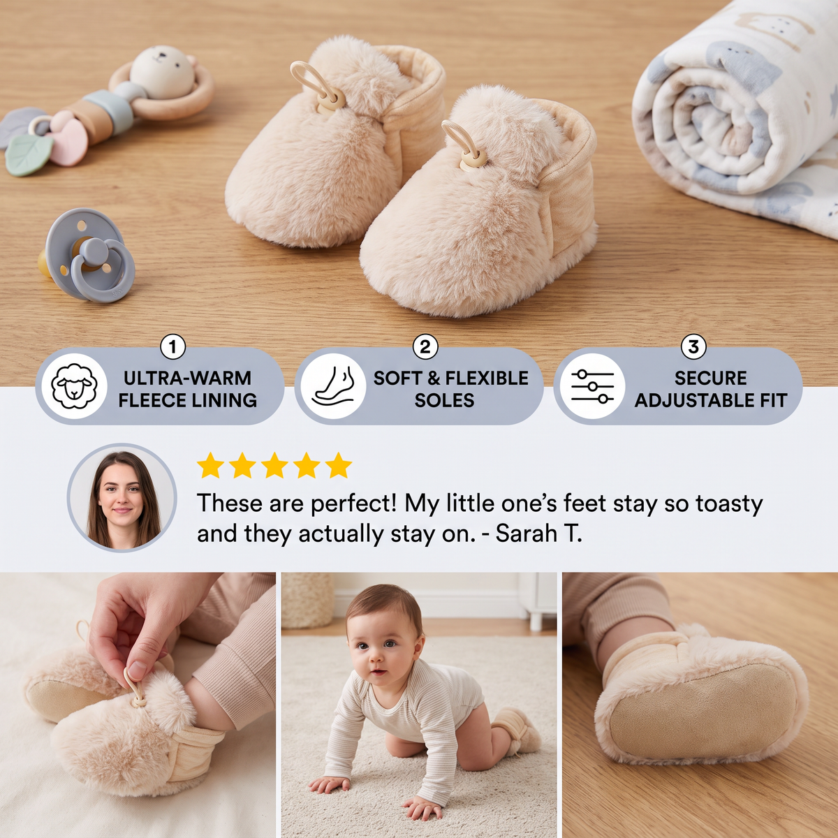 Warm & Cozy Fleece-Lined Cotton Baby Booties with Soft Soles