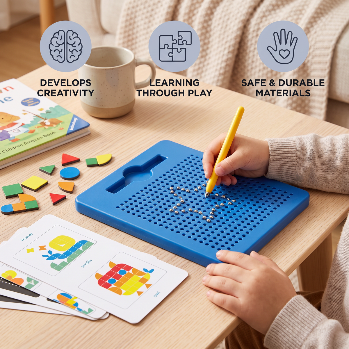 2-in-1 Magnetic Writing & Drawing Board with Snap-On Shape Tiles for Kids