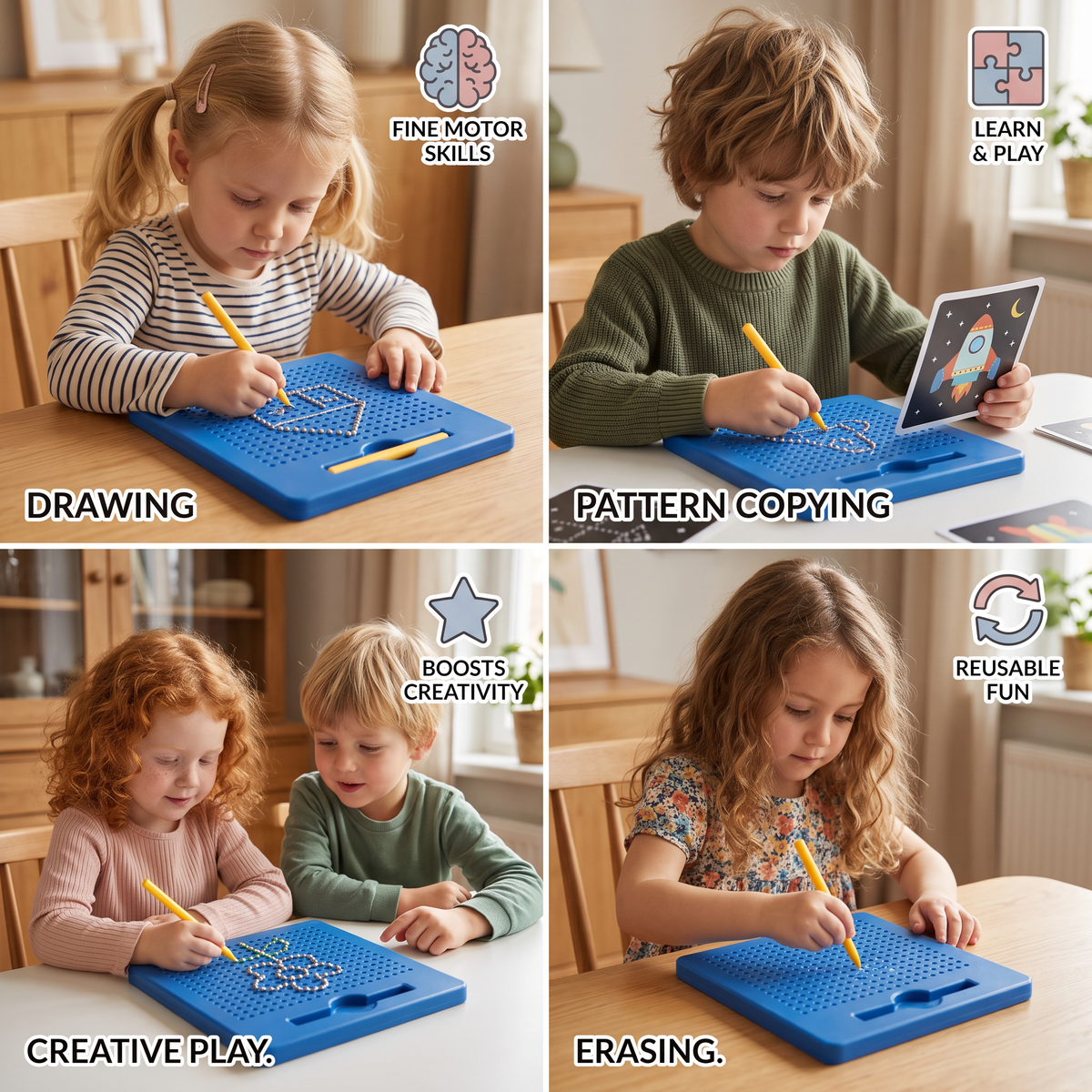 2-in-1 Magnetic Writing & Drawing Board with Snap-On Shape Tiles for Kids