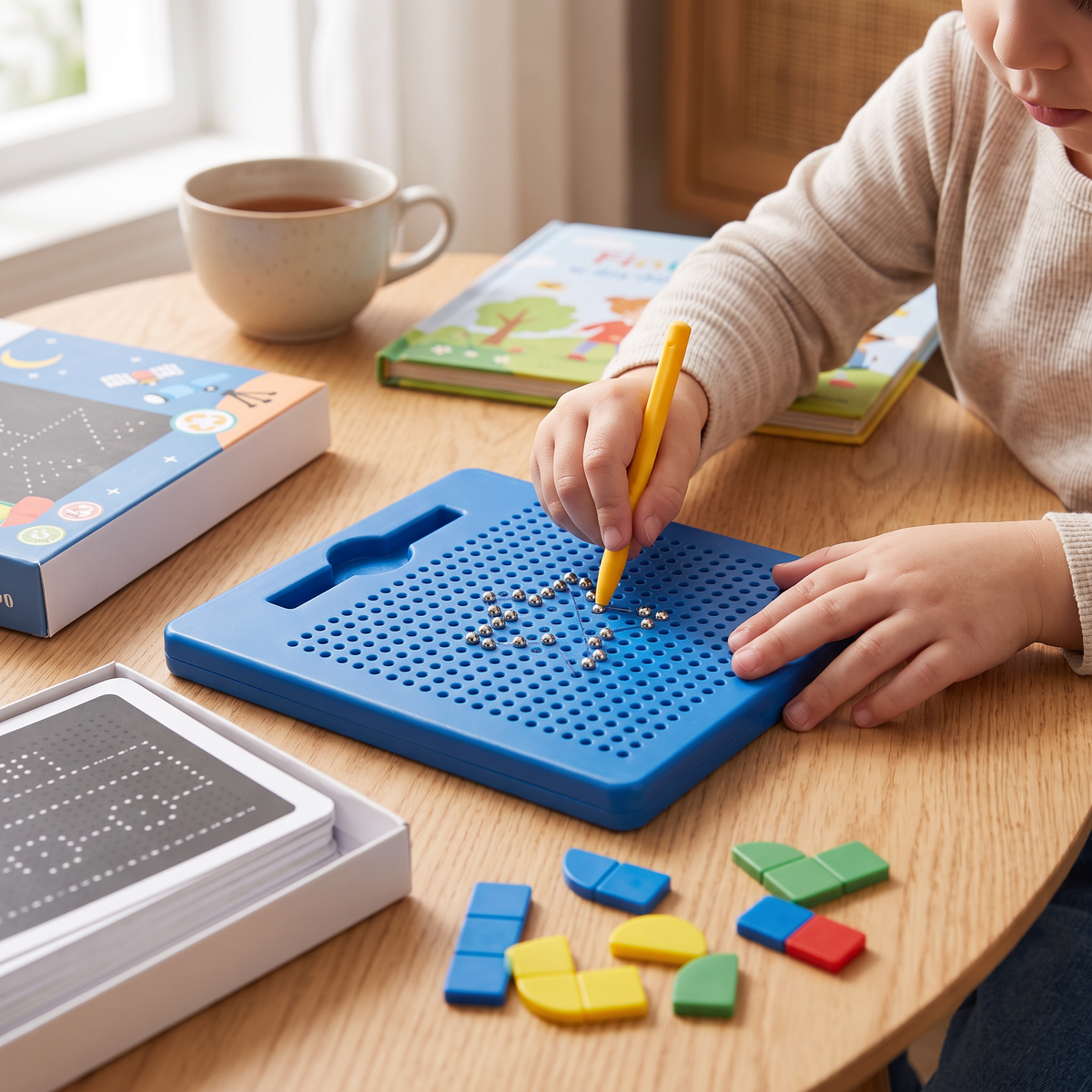 2-in-1 Magnetic Writing & Drawing Board with Snap-On Shape Tiles for Kids