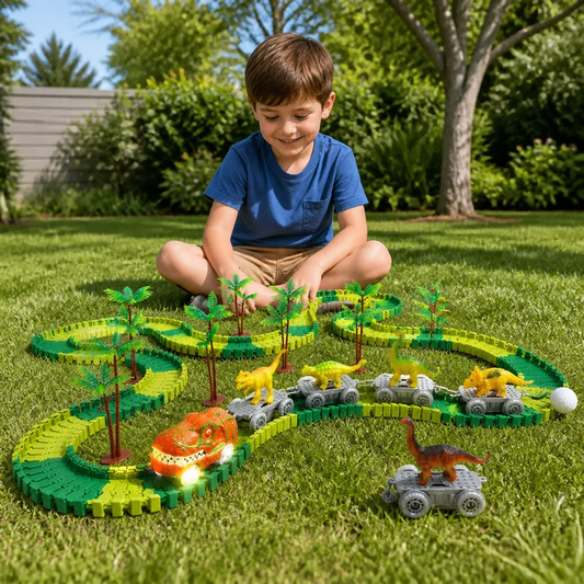 Dinosaur Track Adventure – Flexible racetrack with light-up train