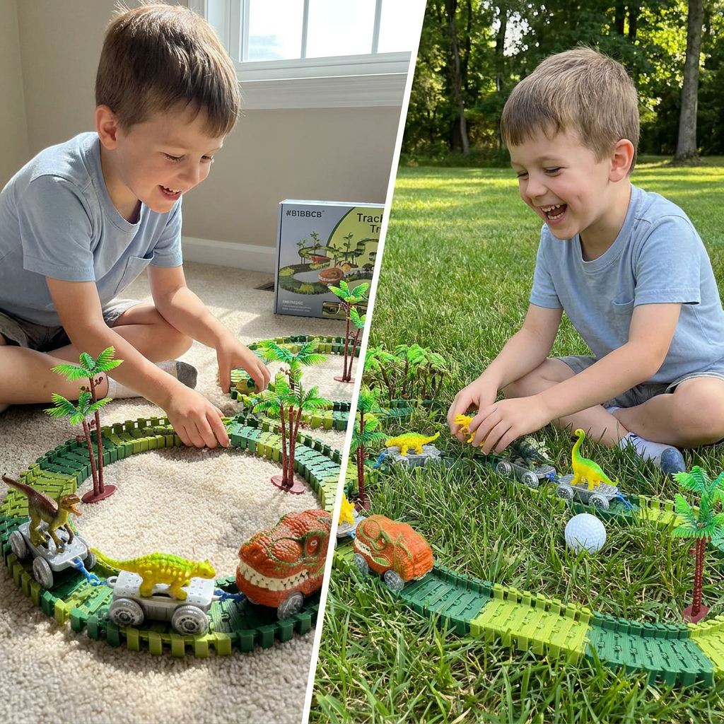 Dinosaur Track Adventure – Flexible racetrack with light-up train