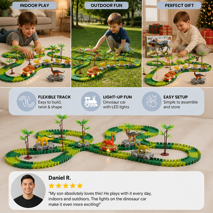 Dinosaur Track Adventure – Flexible racetrack with light-up train