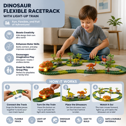Dinosaur Track Adventure – Flexible racetrack with light-up train