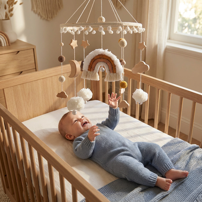 Handmade Wooden Baby Crib Mobile with Crochet Pendants – Soothing Bed Toy for Newborns
