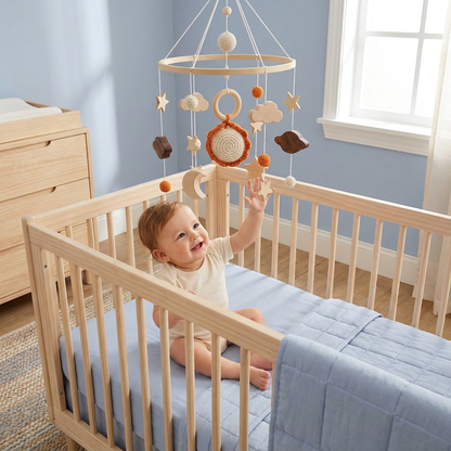 Handmade Wooden Baby Crib Mobile with Crochet Pendants – Soothing Bed Toy for Newborns