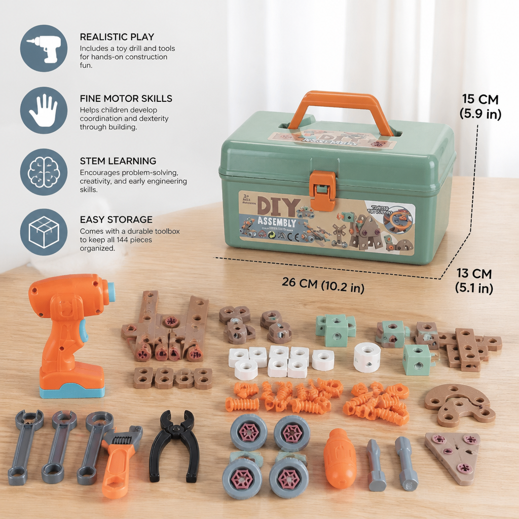 144-Piece Kids Tool Set with Drill & Toolbox – STEM Montessori Construction Kit