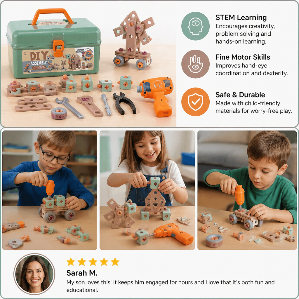 144-Piece Kids Tool Set with Drill & Toolbox – STEM Montessori Construction Kit