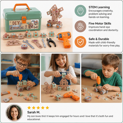 144-Piece Kids Tool Set with Drill & Toolbox – STEM Montessori Construction Kit