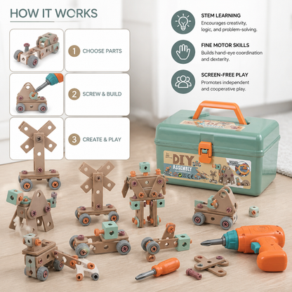 144-Piece Kids Tool Set with Drill & Toolbox – STEM Montessori Construction Kit