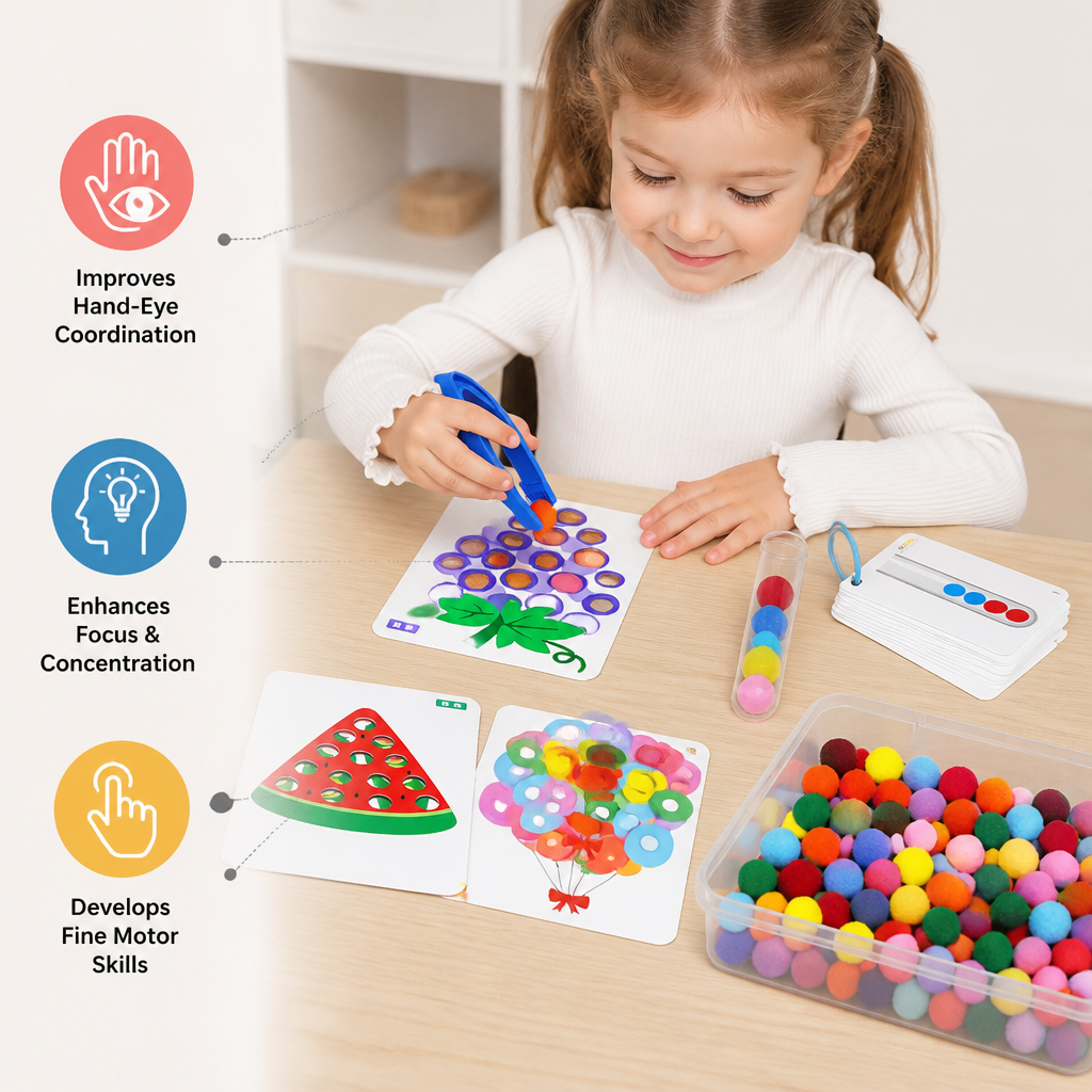 Montessori Pom-Pom Color & Numbers Learning Game for Fine Motor Skills