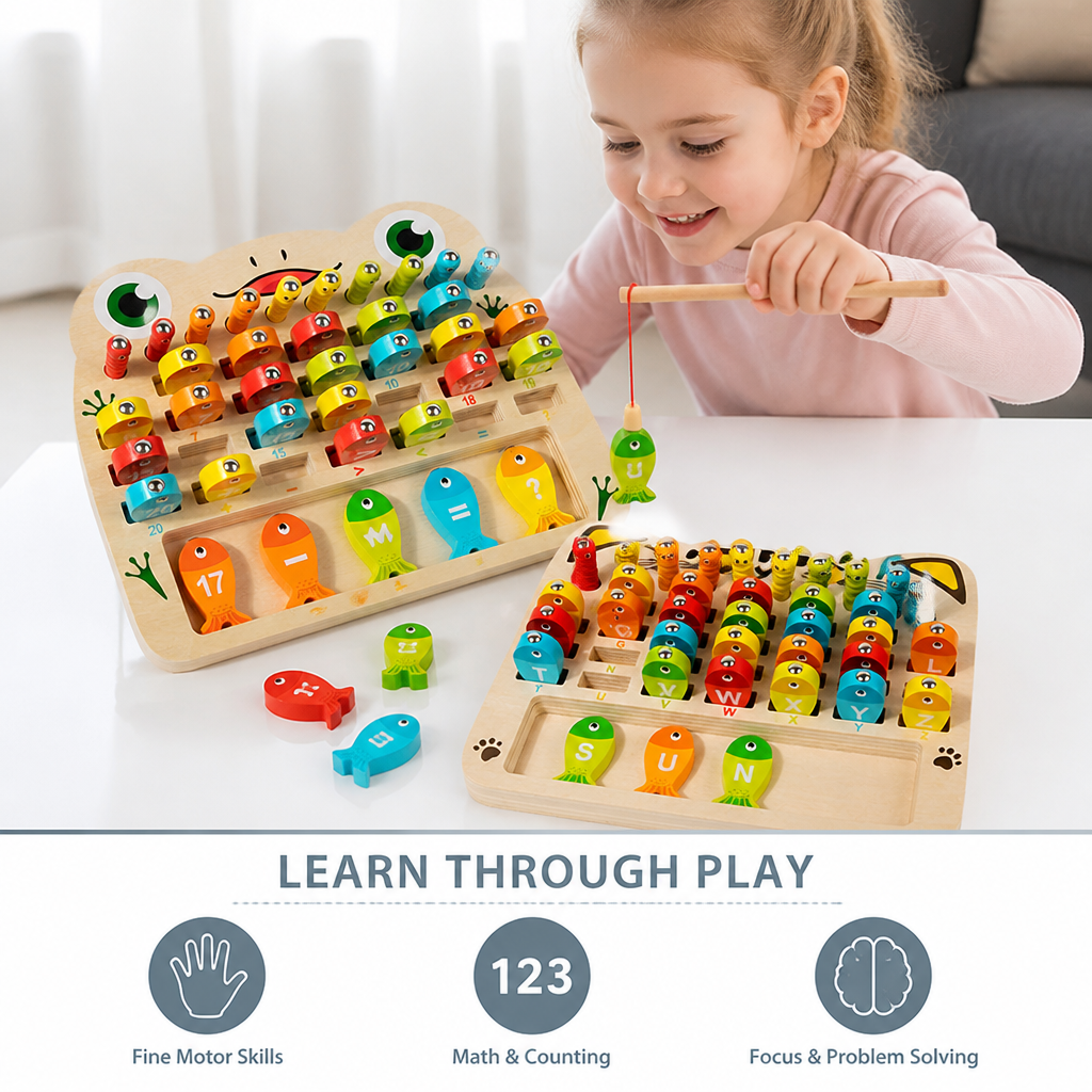 Wooden Magnetic Fishing Game – Alphabet, Math & Fine Motor Skills Learning Toy for Kids