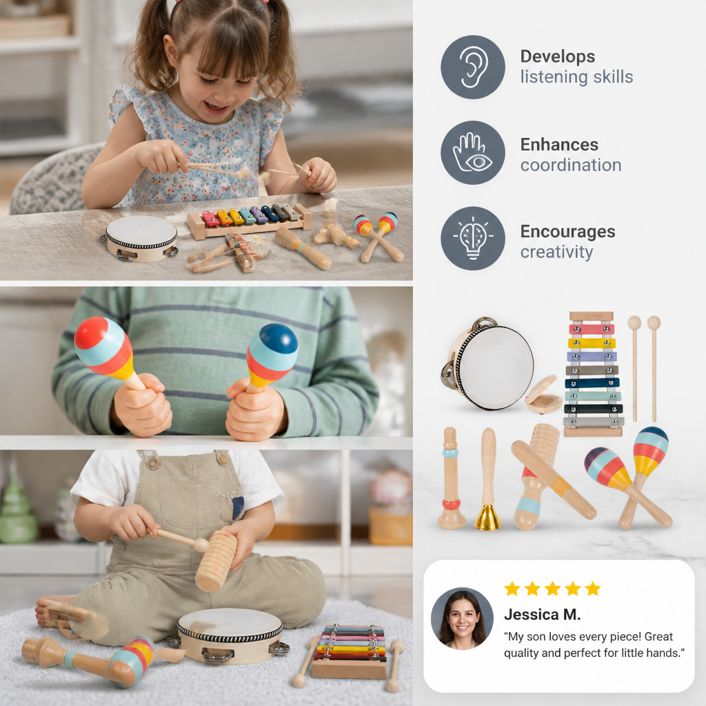 Wooden Musical Instrument Set – Montessori Percussion & Rhythm Learning Toys for Kids