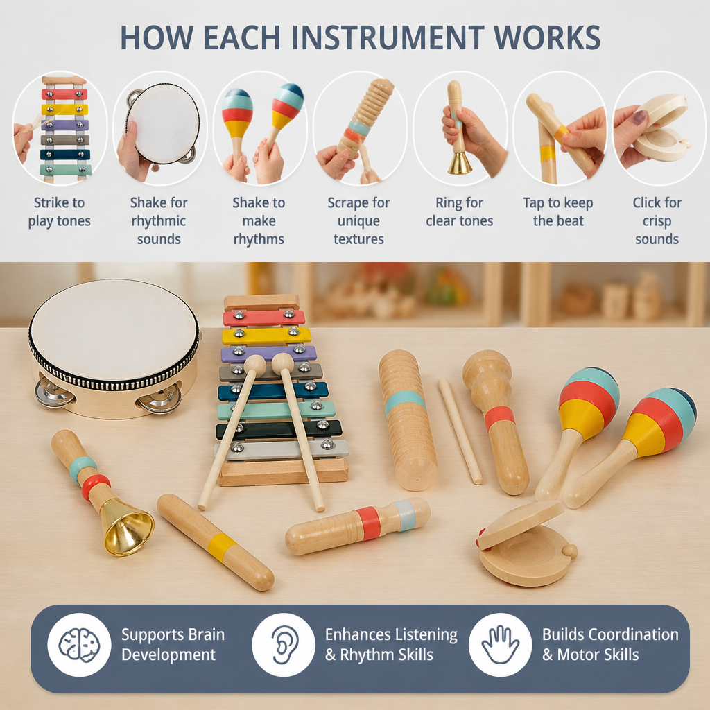 Wooden Musical Instrument Set – Montessori Percussion & Rhythm Learning Toys for Kids