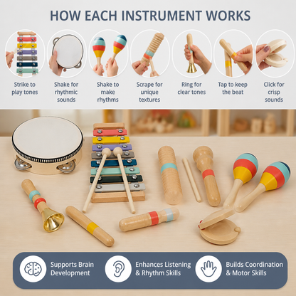 Wooden Musical Instrument Set – Montessori Percussion & Rhythm Learning Toys for Kids