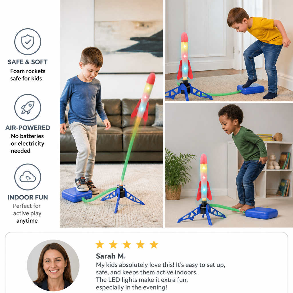 Safe & Soft Kids Rocket Launcher- Lightning Air-Powered Indoor Fun