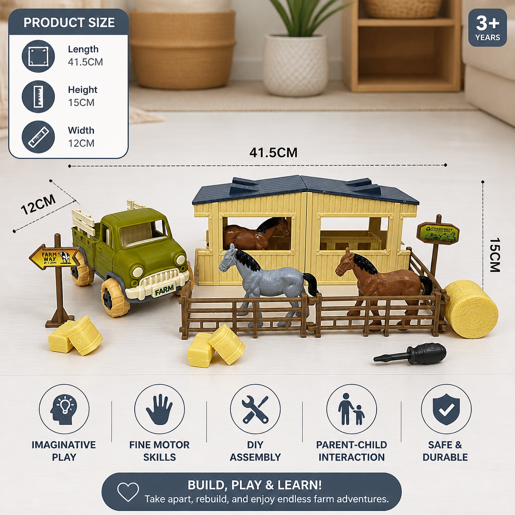 DIY Take-Apart Farm Truck & Horse Stable Play Set for Kids