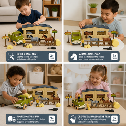 DIY Take-Apart Farm Truck & Horse Stable Play Set for Kids