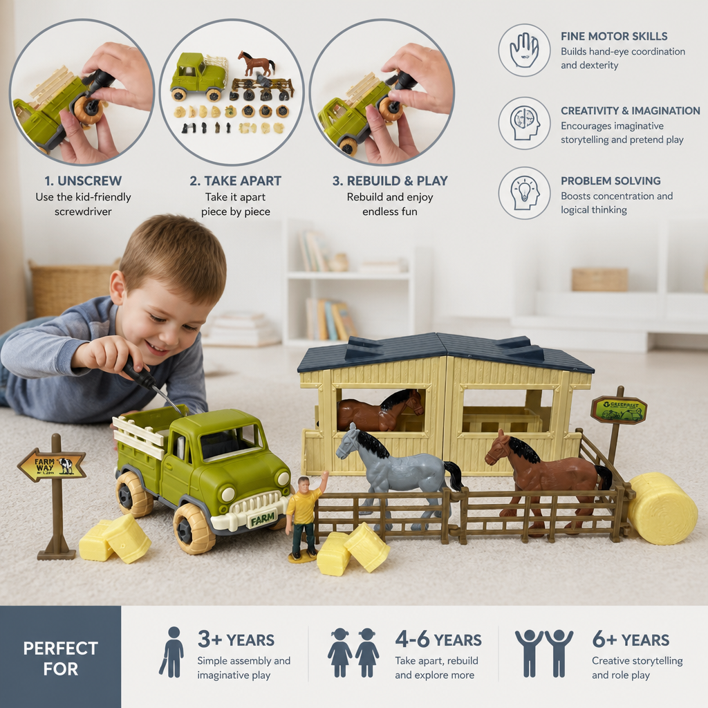 DIY Take-Apart Farm Truck & Horse Stable Play Set for Kids