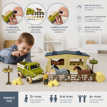 DIY Take-Apart Farm Truck & Horse Stable Play Set for Kids