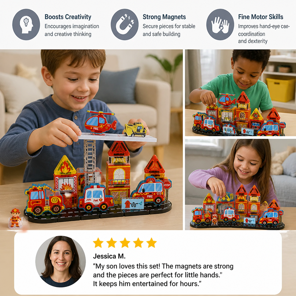 40-Piece Magnetic Travel Building Set with Construction, Fire Truck & Police Vehicles