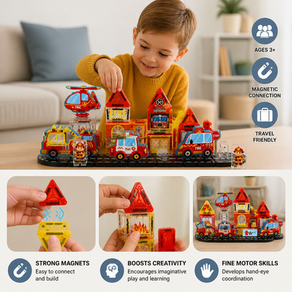 40-Piece Magnetic Travel Building Set with Construction, Fire Truck & Police Vehicles
