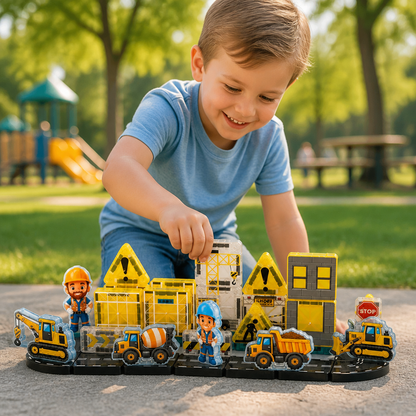 40-Piece Magnetic Travel Building Set with Construction, Fire Truck & Police Vehicles