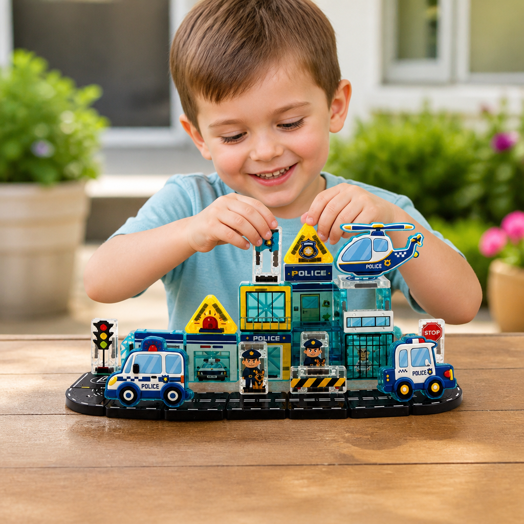 40-Piece Magnetic Travel Building Set with Construction, Fire Truck & Police Vehicles