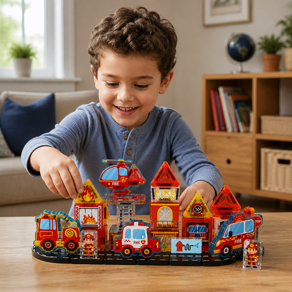 40-Piece Magnetic Travel Building Set with Construction, Fire Truck & Police Vehicles