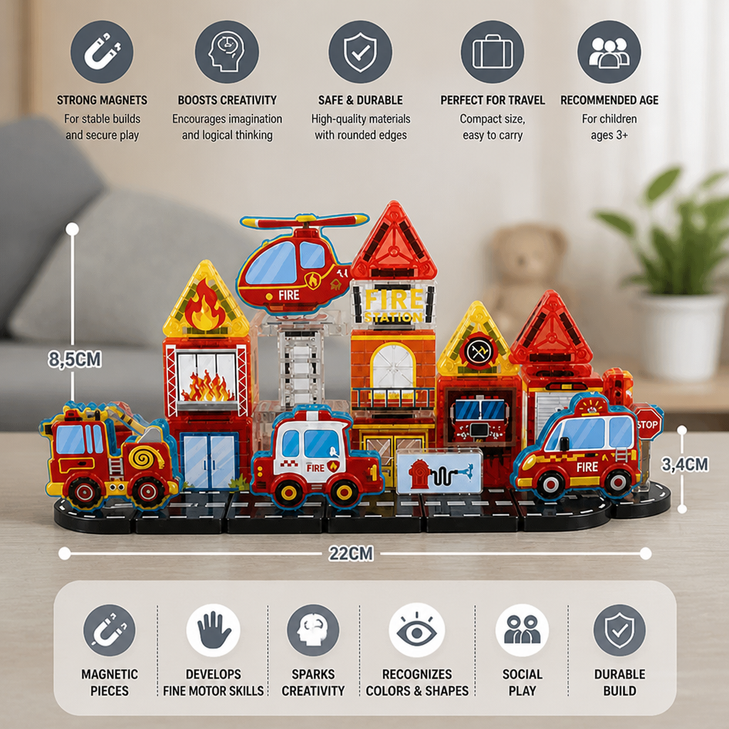 40-Piece Magnetic Travel Building Set with Construction, Fire Truck & Police Vehicles