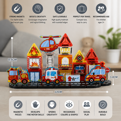 40-Piece Magnetic Travel Building Set with Construction, Fire Truck & Police Vehicles