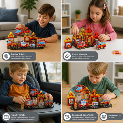 40-Piece Magnetic Travel Building Set with Construction, Fire Truck & Police Vehicles