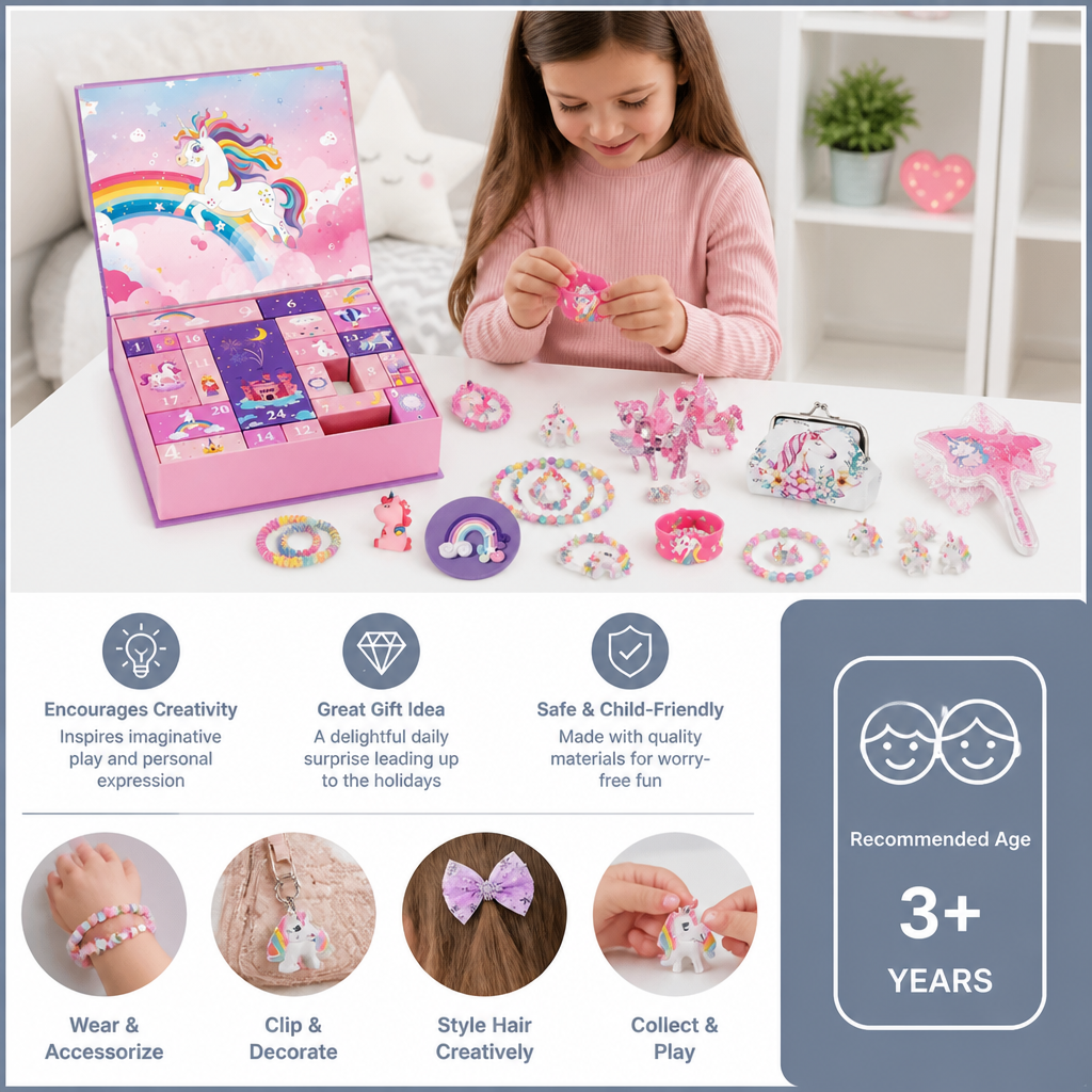 24-Day Unicorn Advent Calendar with Hair Accessories, Stickers & Surprise Gifts