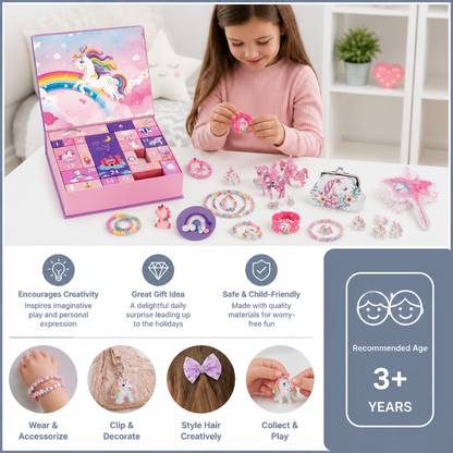 24-Day Unicorn Advent Calendar with Hair Accessories, Stickers & Surprise Gifts