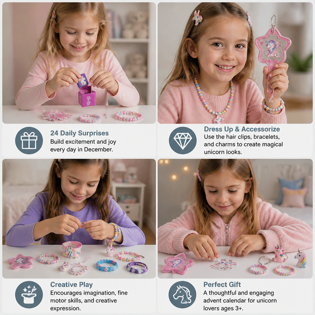 24-Day Unicorn Advent Calendar with Hair Accessories, Stickers & Surprise Gifts