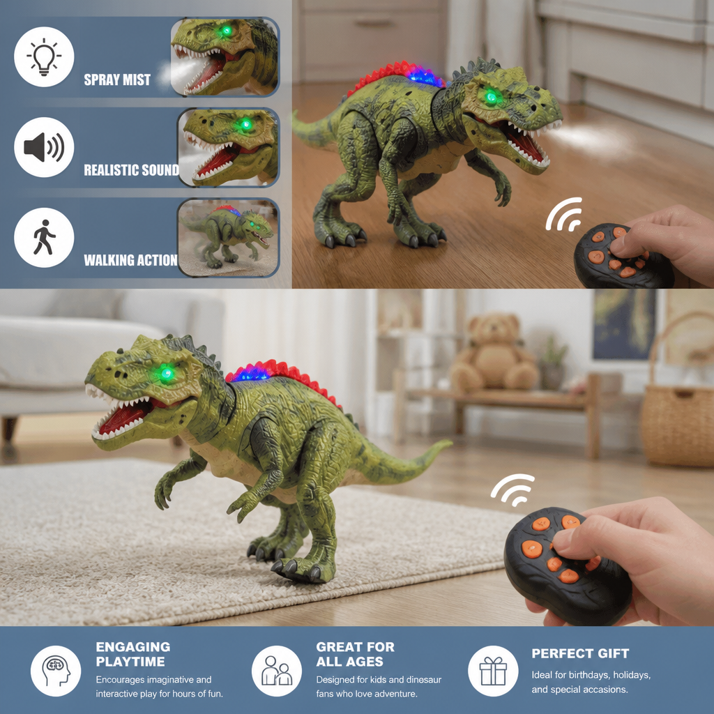 Remote Control Walking T-Rex – RC Dinosaur with Spray Mist, Lights & Sound
