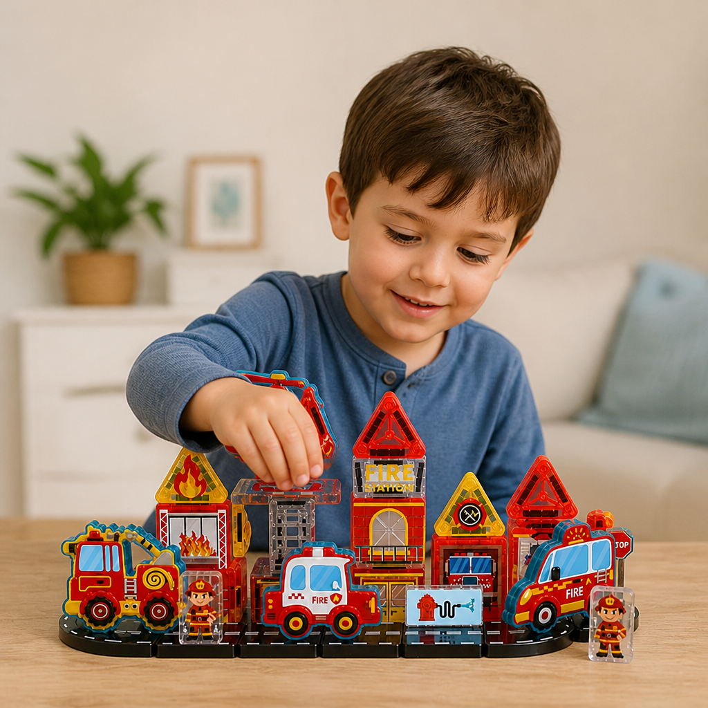40-Piece Magnetic Travel Building Set with Construction, Fire Truck & Police Vehicles